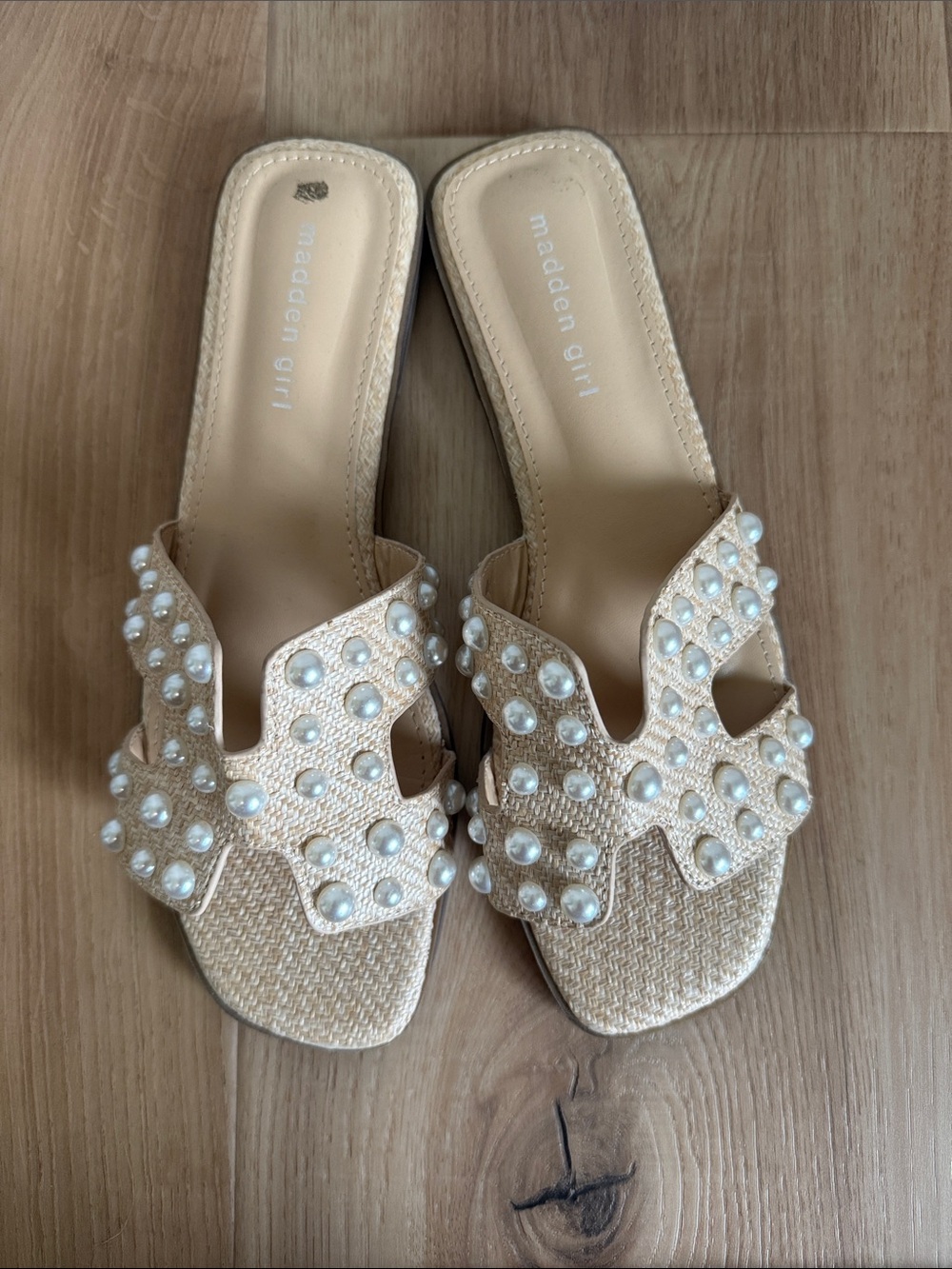 Madden Girl Pearl-Studded Cream Slide Mules